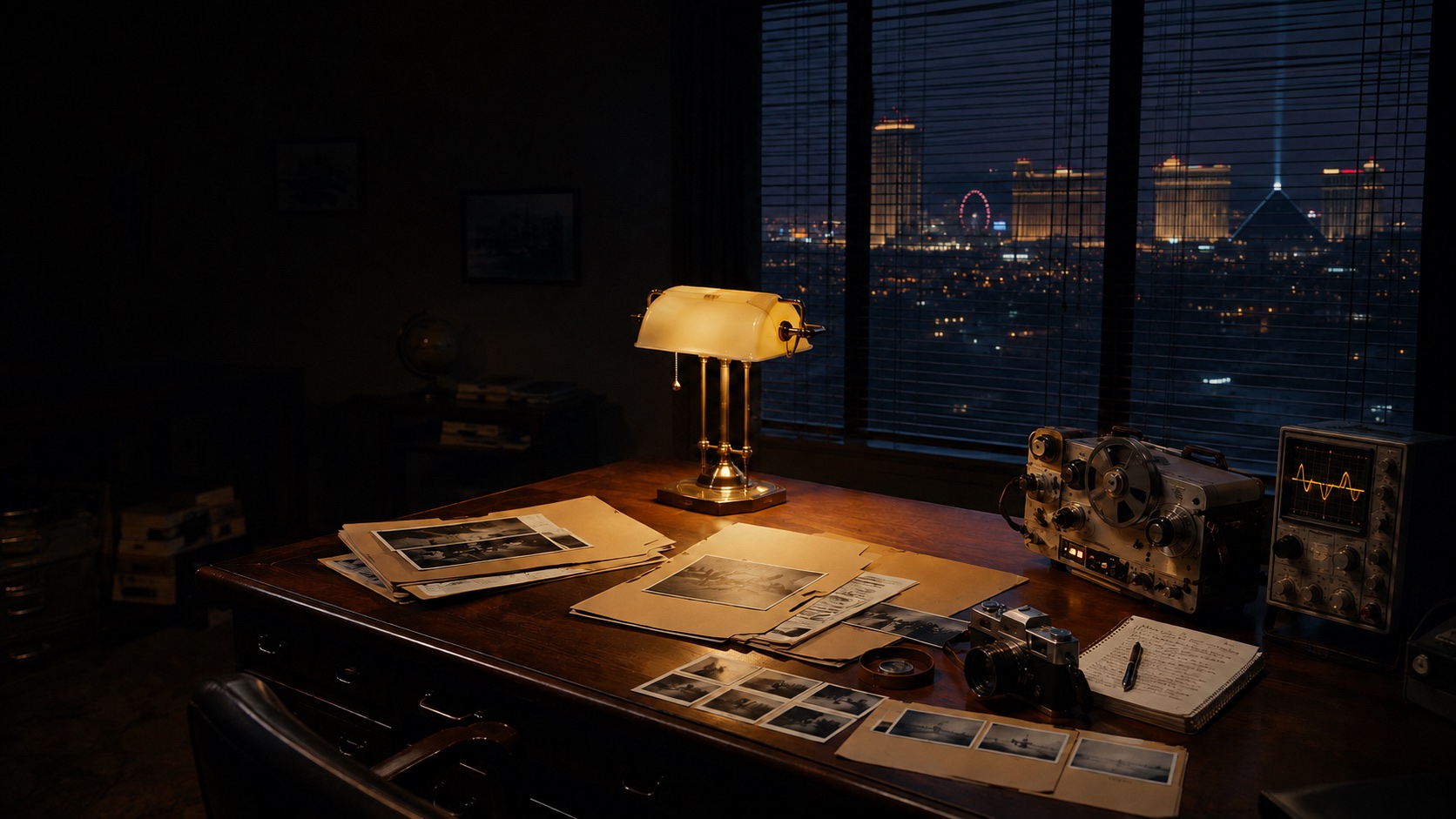 An investigator's lamplit desk, with Las Vegas beyond the window.